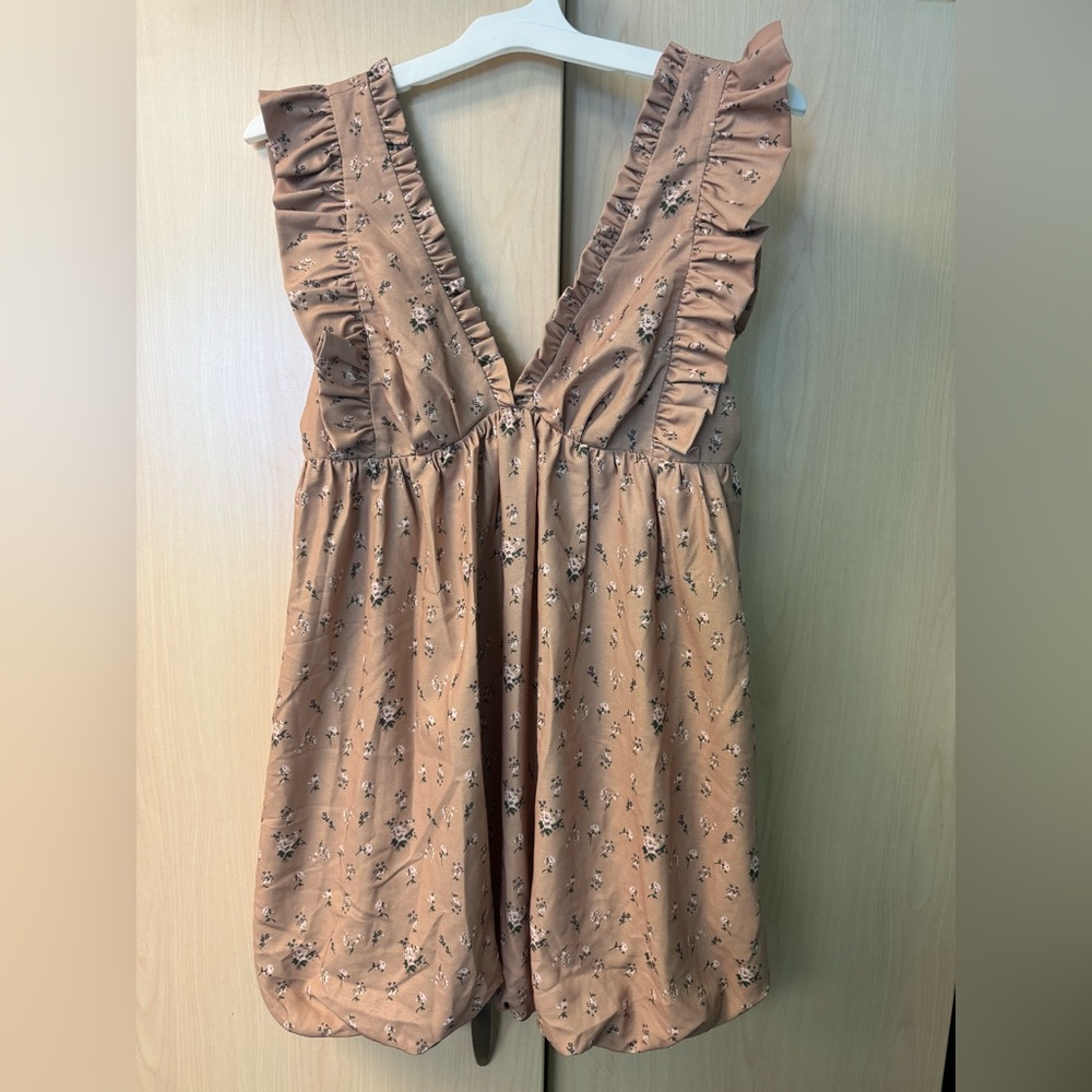 Storia Beige Floral Dress with Ruffle Accents